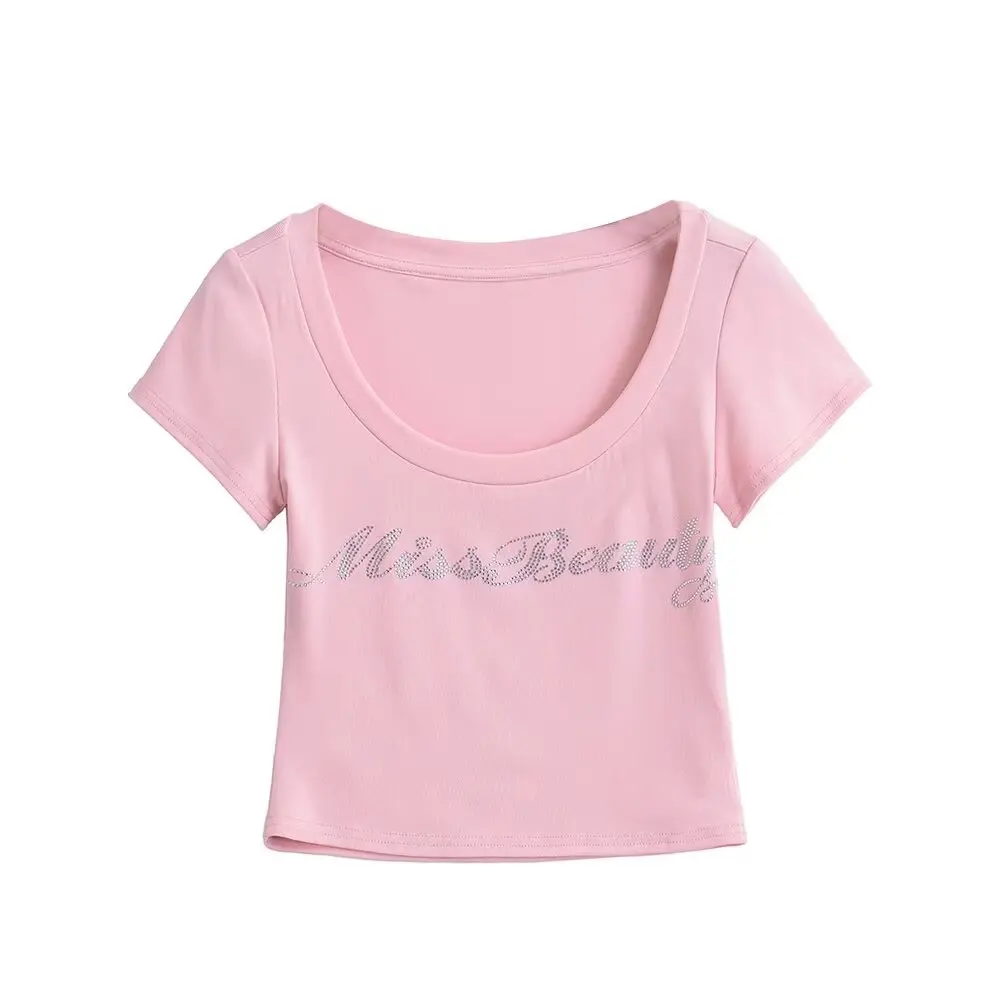 미국 스트리트 스타일 달콤하고 매운 여성용 반팔 티셔츠 슬림핏 여름 개성 레터링 라인스톤 큰 칼라 숏 크롭탑