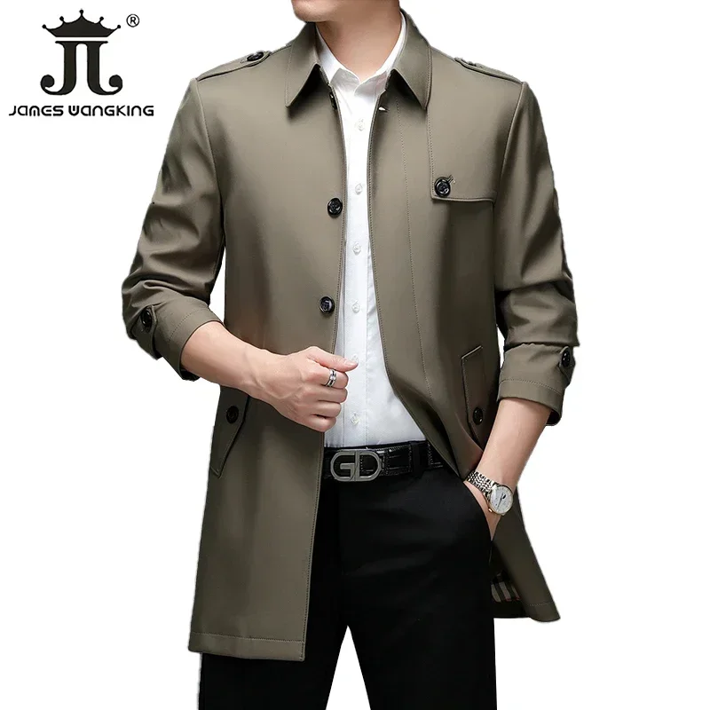 

New Spring Autumn Mens Long Solid Color Trench Coats Superior Quality Buttons Male Fashion Outerwear Jackets Windbreaker