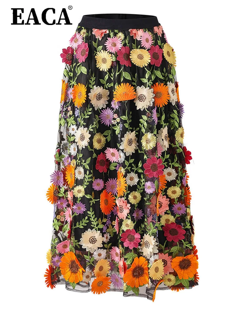 EACA 2024 Spring And Summer New Daisy Black Half Skirt Sunflower Lace High Waisted Skirt Three-dimensional Flower Small Fresh