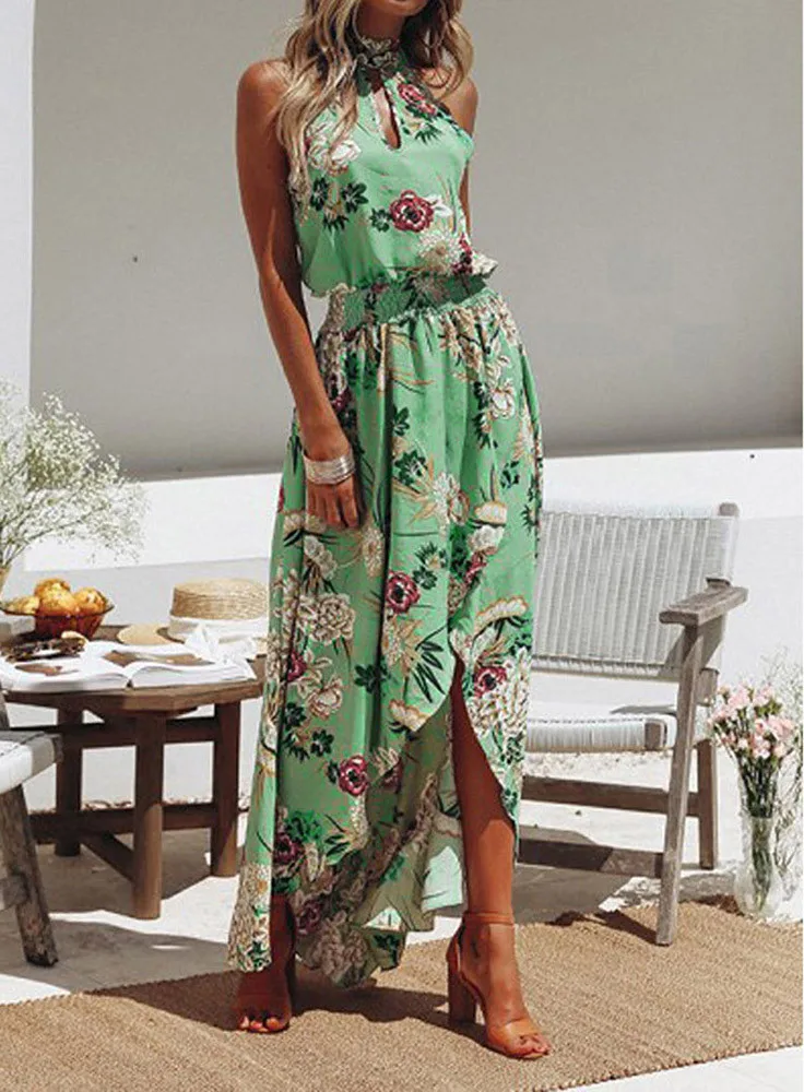 Vrouwen Boheemse Stijl Jurk Chiffon Print Onregelmatige Zoom Jurk Mouwloze Halterhals Jurk Hoge Taille Afslankende Mode Jurk