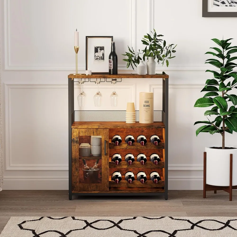 Gabinete de barra de café iluminado con LED, gabinete de barra de estante de vino desmontable, gabinete de licor con puerta de malla, almacenamiento de 36 pulgadas de alto