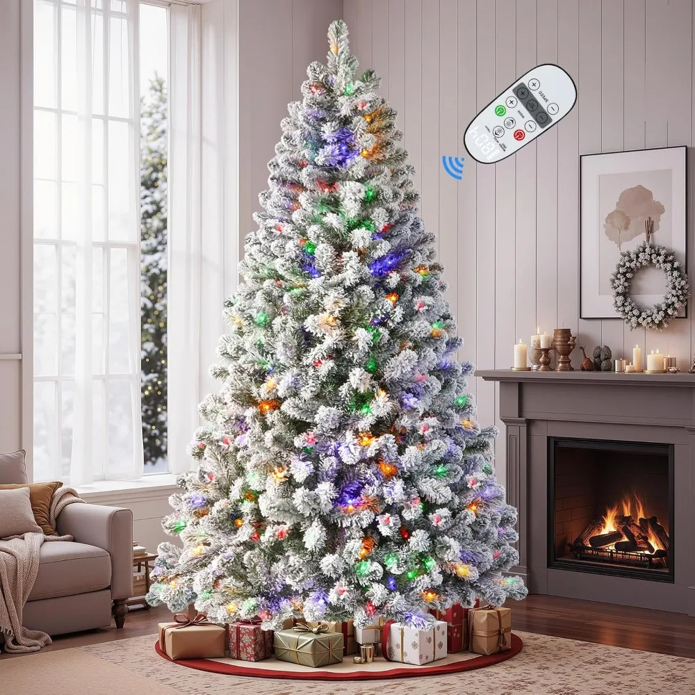 

7ft Pre-Lit Flocked Spruce Artificial Hinged Christmas Tree with Remote, Timer and 400 Warm White & Multi-Color Lights