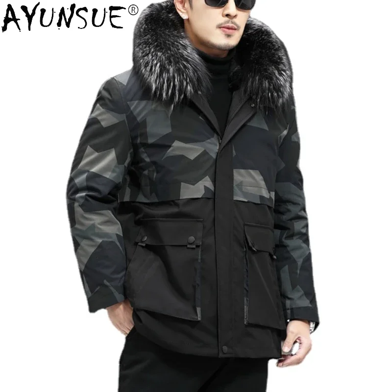 

AYUNSUE Real Fox Fur Collar Winter Coat for Men Rabbit Fur Liner Fur Coat Men Parka Hooded Warm Long Trenchcoat Casaco De Pele