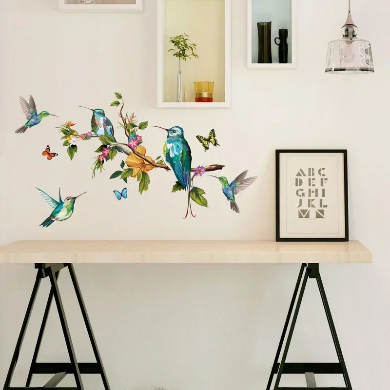 Colorful Butterfly Branches Bird Wall Stickers Living Room TV Background Home Personalized Decoration Wallpaper 25*70*2 Pieces