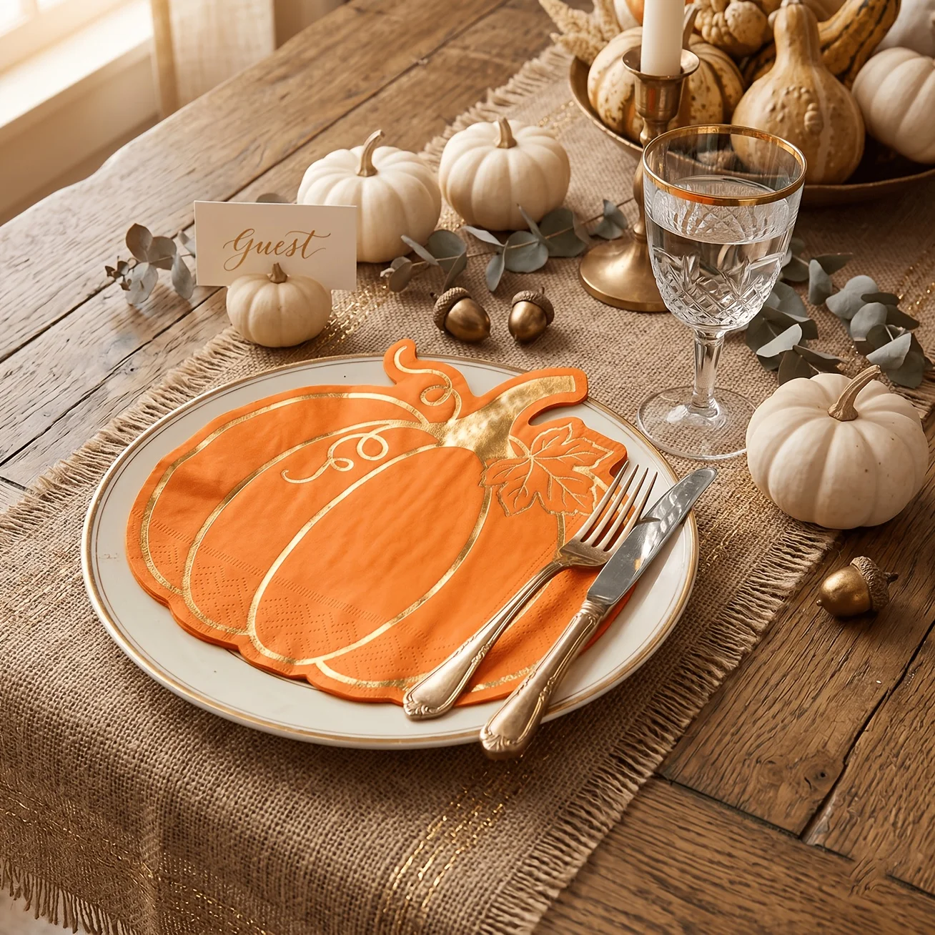 32pcs Gold-Foiled Pumpkin Paper Napkins, Orange Pumpkin Disposable Serviettes, Autumn Decor Guest Napkins