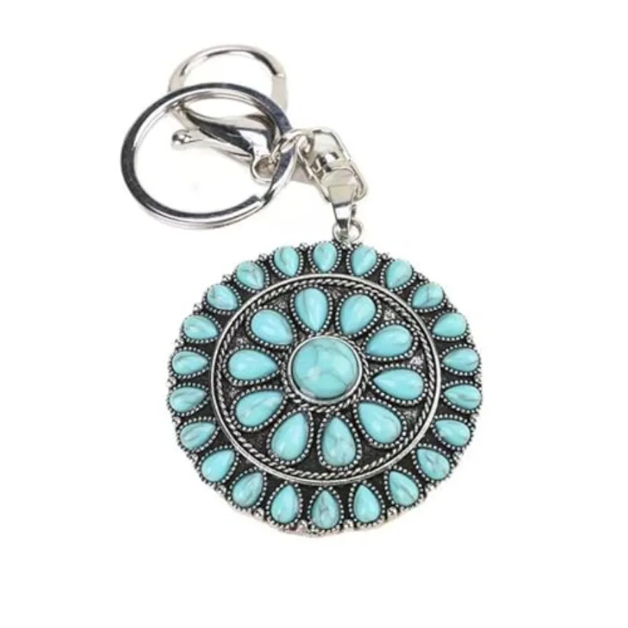 

Vintage Turquoise Keychain - Boho Style Bag Charm, Retro Blue Green Stone Pendant Accessory
