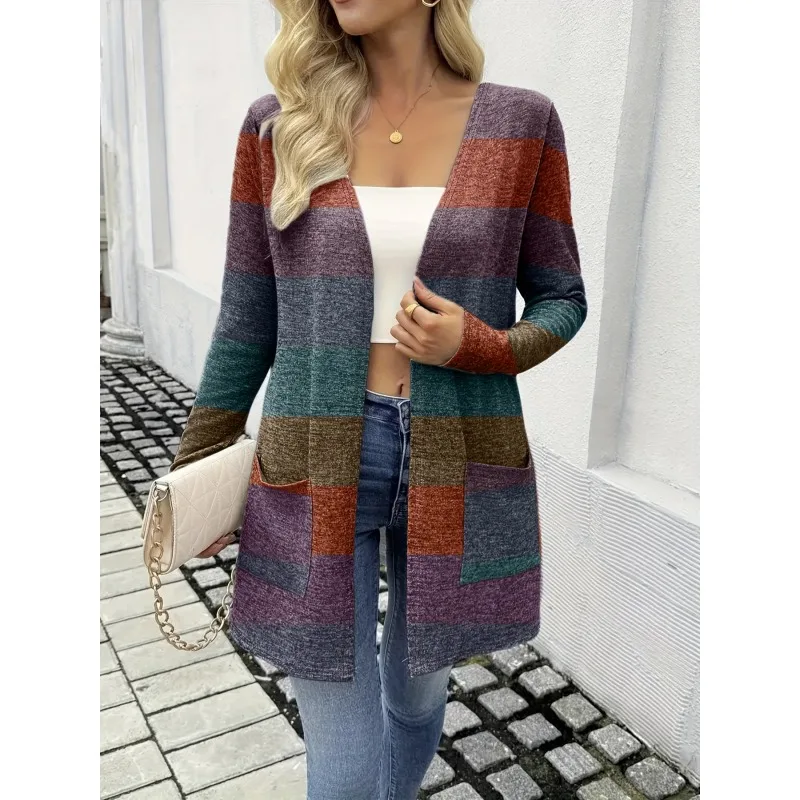 بالإضافة إلى حجم 1XL-5XL المرأة أزياء عارضة طويلة الأكمام مخطط محبوك سترة سترة