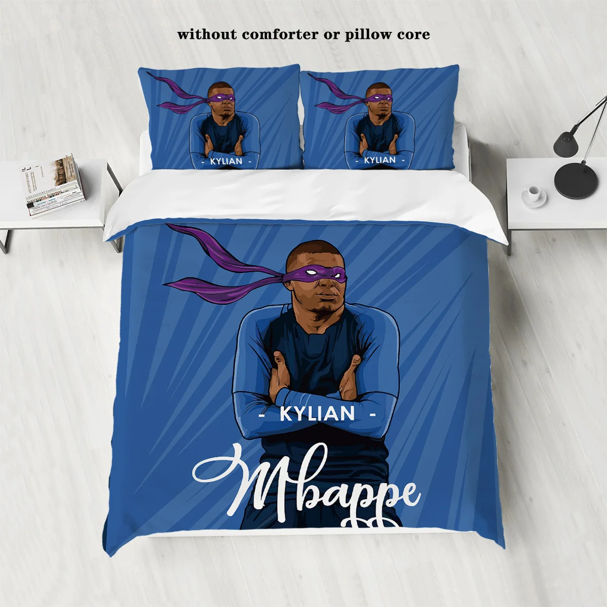 3pcs blue Mbappe cartoon print bedding set, 1 quilt cover + 2 pillowcases, no filling, skin-friendly, anti-pilling