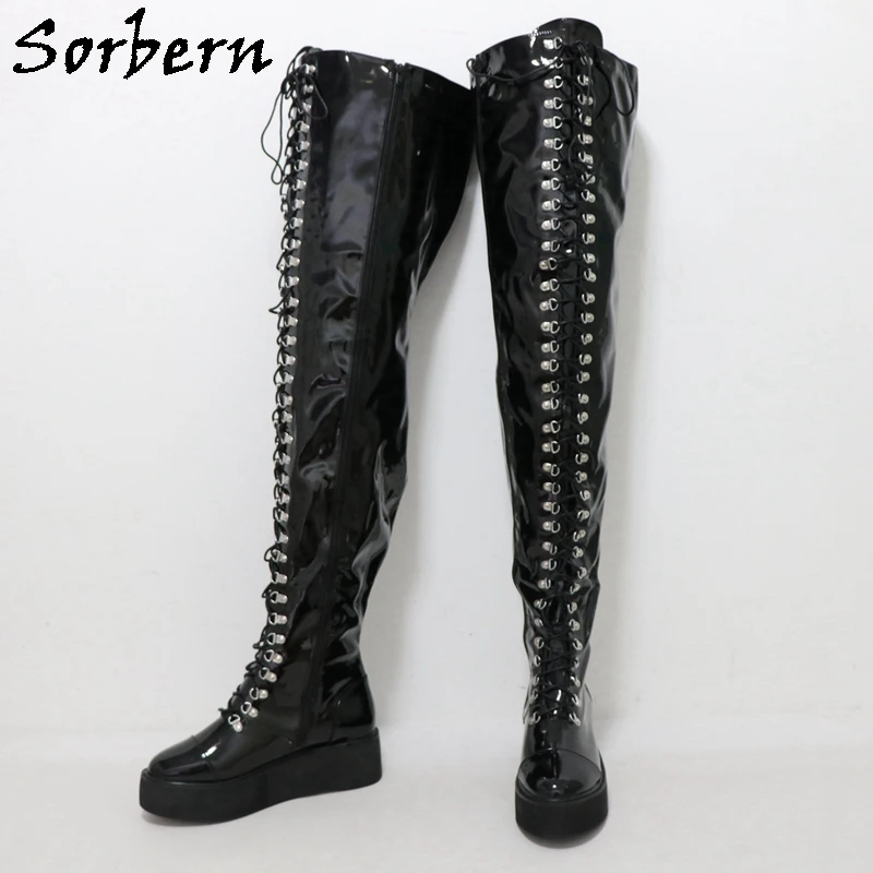 Sorbern Wedge High Heel Thigh High Boot Unisex Lace Up Flatform Winter Plush Lining Platform Shoes Round Toe Large Size Custom