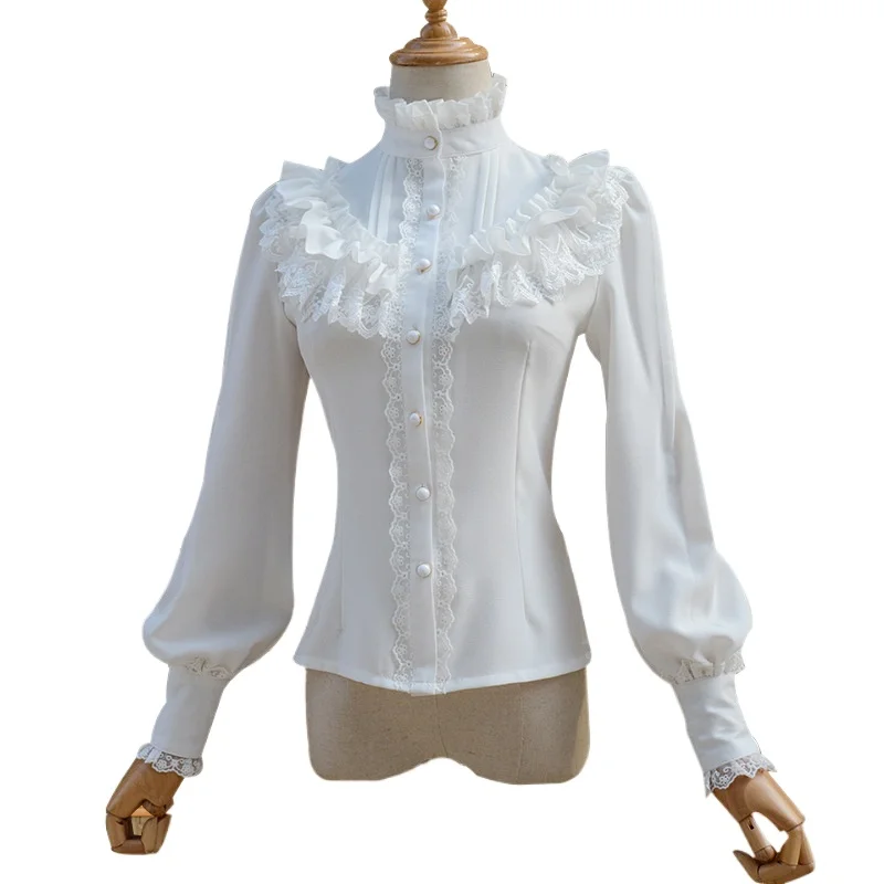 Ruched Lace Blouse Long Sleeves Lolita Women Victoria Costume Sweet High Collar Slim Shirt Button Up Formal Jabot Tops With Tie