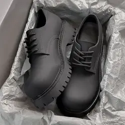 Men's Leather Shoes Black Thick Sole Round Toe Platform Male Casual Derby Shoe Cowhide Classic Original Legitimate Designer Pu