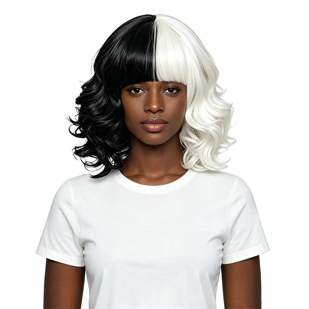 Black White Two Tone Wig Short Curly Bob Wig with Bangs Natural Fluffy Heat Resistant Wig For African Women Party Daily Wear