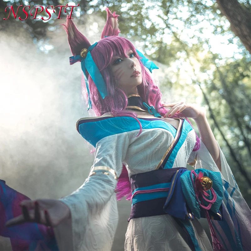 

NSPSTT Game Spirit Blossom Ahri Cosplay Costume Set Women Kimono Chinese Dress Full Outfit