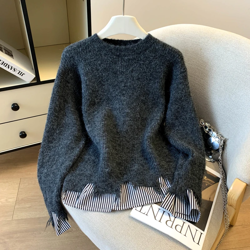 Autumn and Winter New Style Niche Design Fringed and Ripped Fake Two-piece Shirt Stitching Pullover Sweater Female Top
