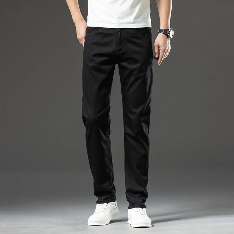 Pure Black Jeans Men's 2024 Business Casual Loose All-Match Fashion Straight Stretch Slim Simple Trousers