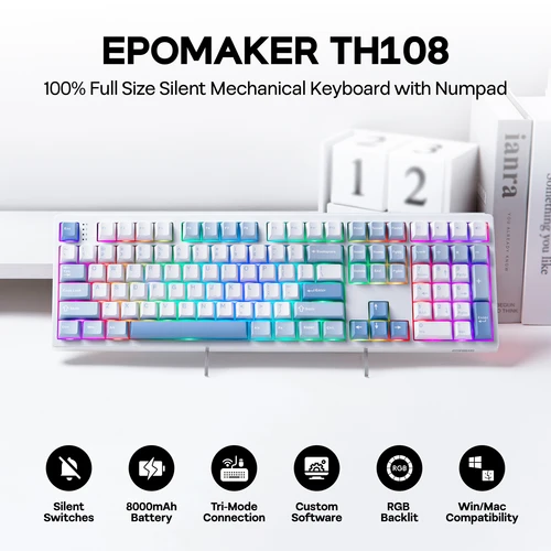 Imagen 2 del producto EPOMAKER TH108 Teclado mecánico inalámbrico 100% con cable/Bluetooth/2,4 Ghz montado en junta intercambiable en caliente de tamaño completo con batería de 8000mAh