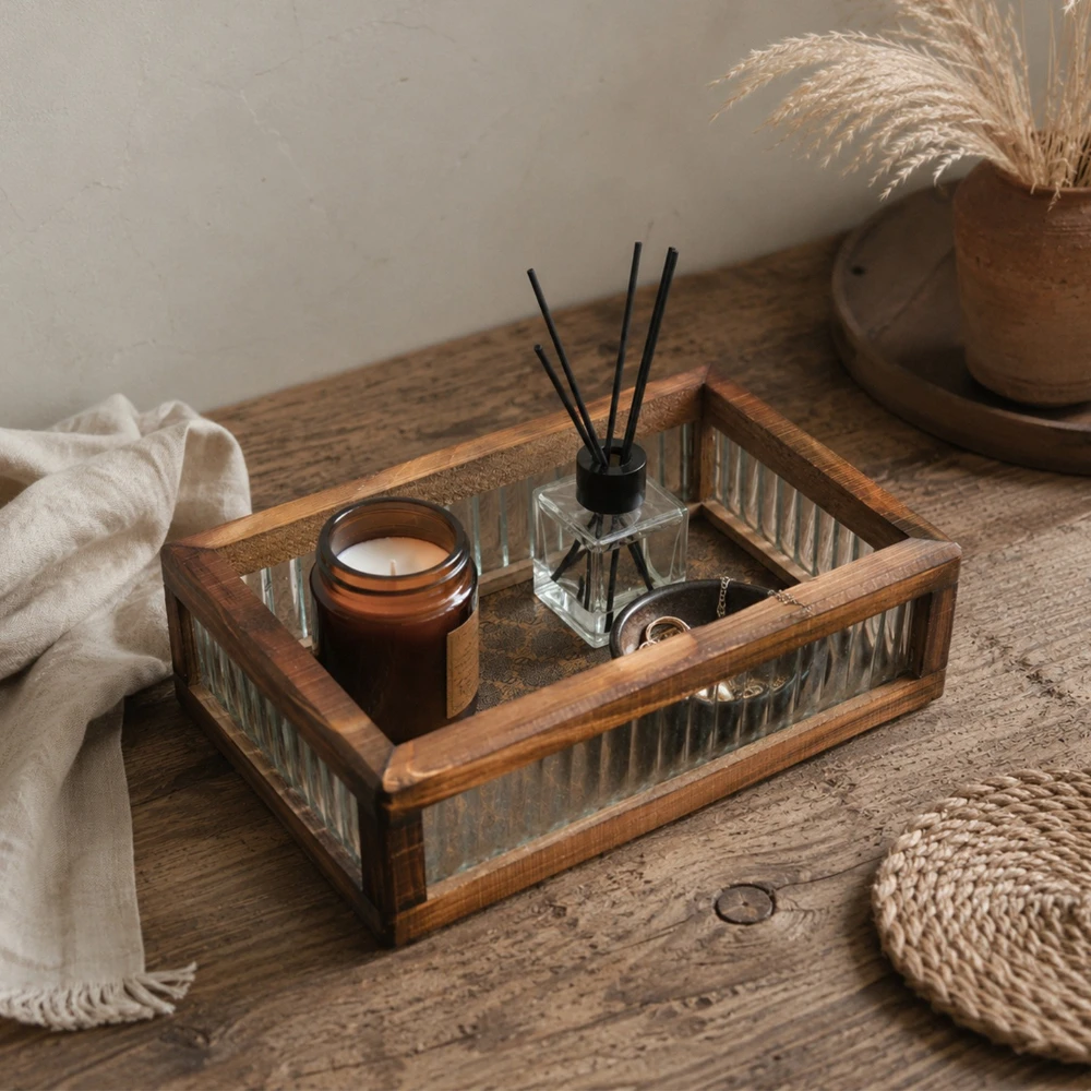 Glass Tea Tray Home Decoration Begonia Printing Tray Afternoon Tea Heart Plate Jewelry Display Storage Tray Home Accessories