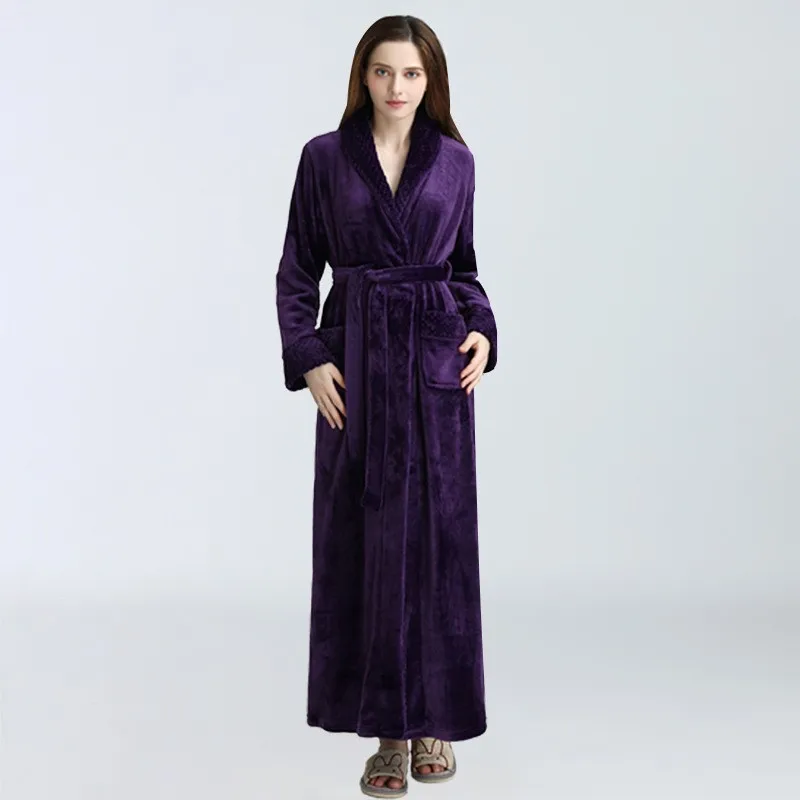 Autumn Winter New In Women\'s Pajamas Comfortable Sleepwear Women Nightgown Thickened Extended Yukata Flanne Solid Color Bathrobe