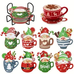 8pcs Santa Claus Diamond Painting Coasters With Holder DIY Art Mosaic Drink Mats Festive Christmas Decor & Perfect Handmade Gift