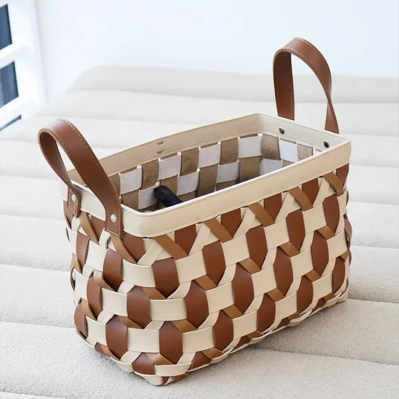 Retro Woven Leather Laundry Basket Luxury Dirty Clothes Hamper for Living Room Bedroom Storage Organizer Home Decor High