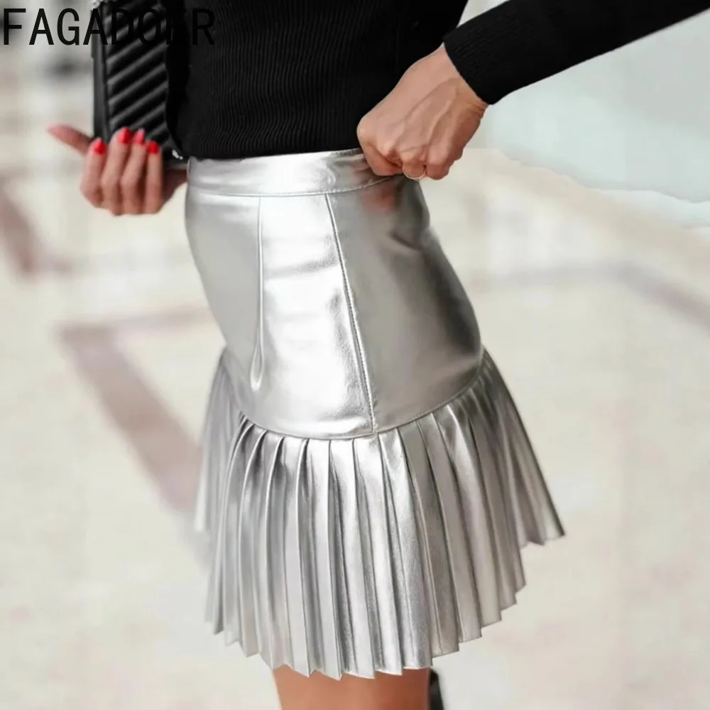 Jupe plissée moulante en cuir patchwork FAGADOER, jupe trapèze taille haute unie pour femme, bas de vêtements streetwear