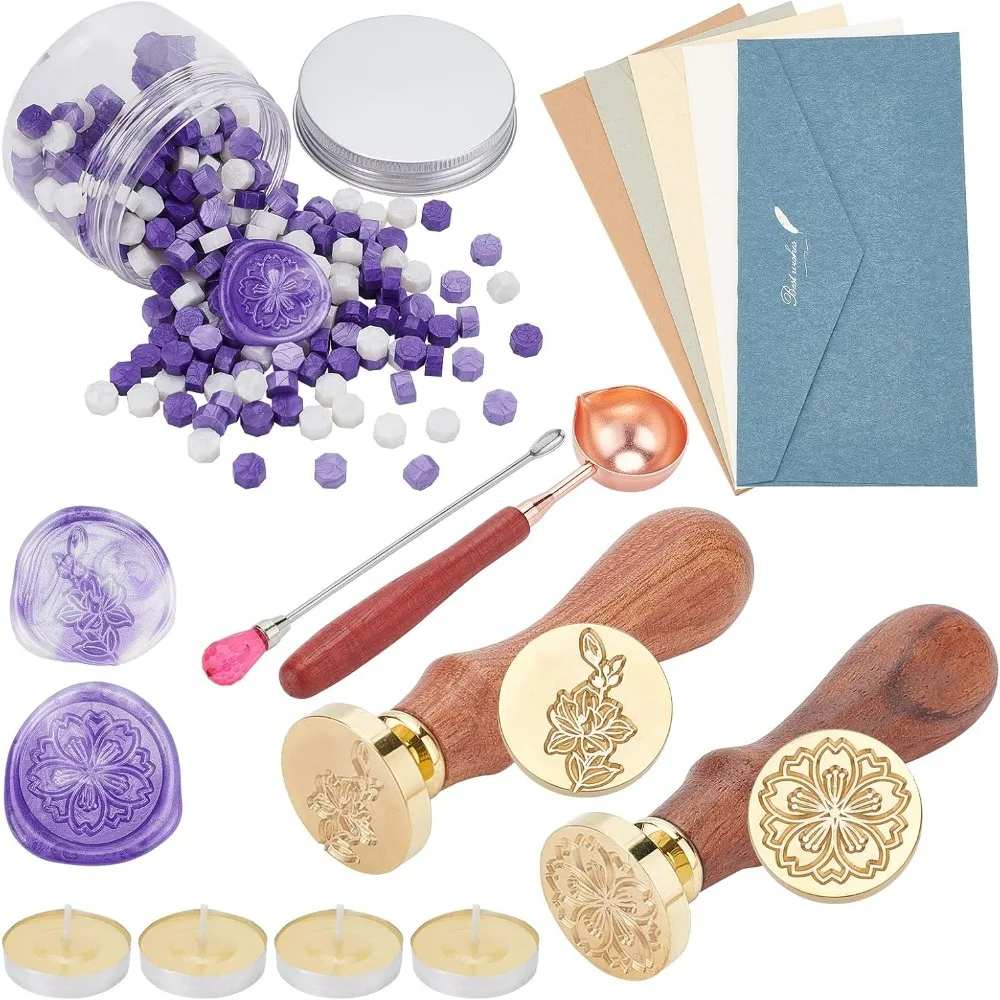 Wax Seal Kit 2pcs Flower Seal Stamp with 300pcs Sealing Wax Beads,1pc Spoon, 1pc Stirring, 5pcs Envelopes,4pcs Candle