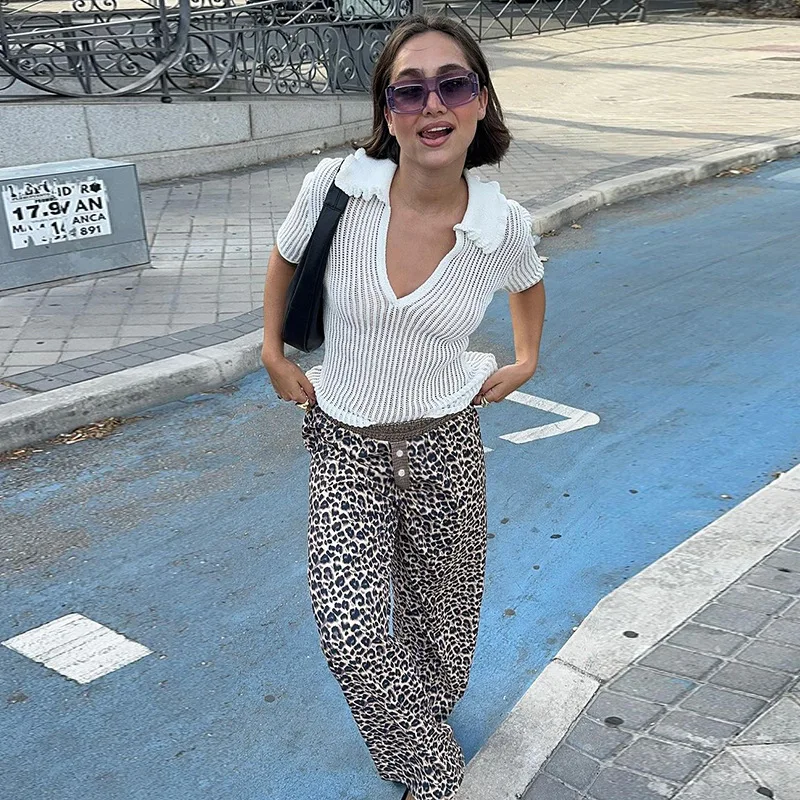 

Wild Girls Street Leopard Print Plaid Personality Loose Casual Pants Niche Loose Straight Skinny Low Waist Pants
