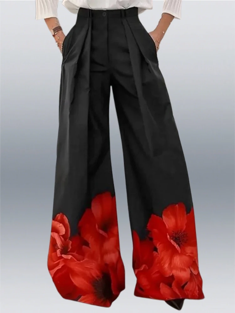 

Beautyblue Floral Print Summer Wide-leg Pants Women's Pleated Trousers Fashion High Waist Loose Red Black Commuter Pants Female