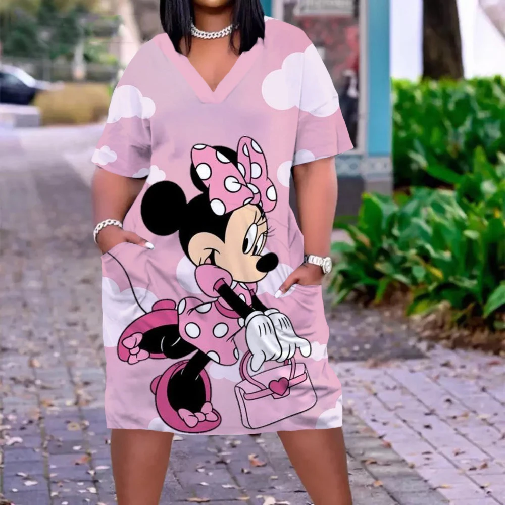 Disney Plus Size Midi Dress Long Sleeve Robe Casual Minnie Mickey Mouse Print Beach Loose Dresses Kawaii Sundress Women Clothing