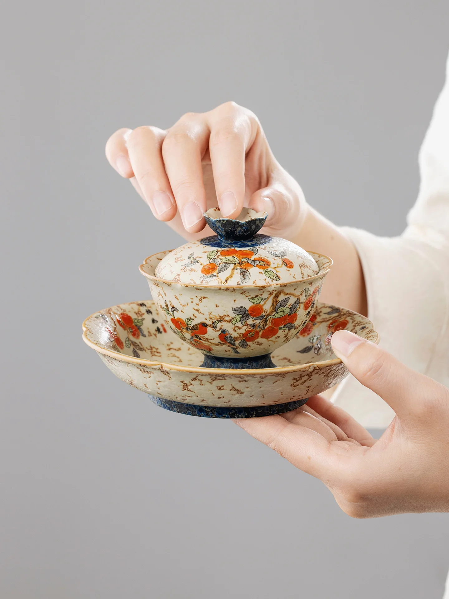 85ml Hand-painted Persimmon Cover Bowl Zen Ceramic Tea Tureen Three Talent Gaiwan Ancient Tea Maker Teaware Kungfu Tea Set
