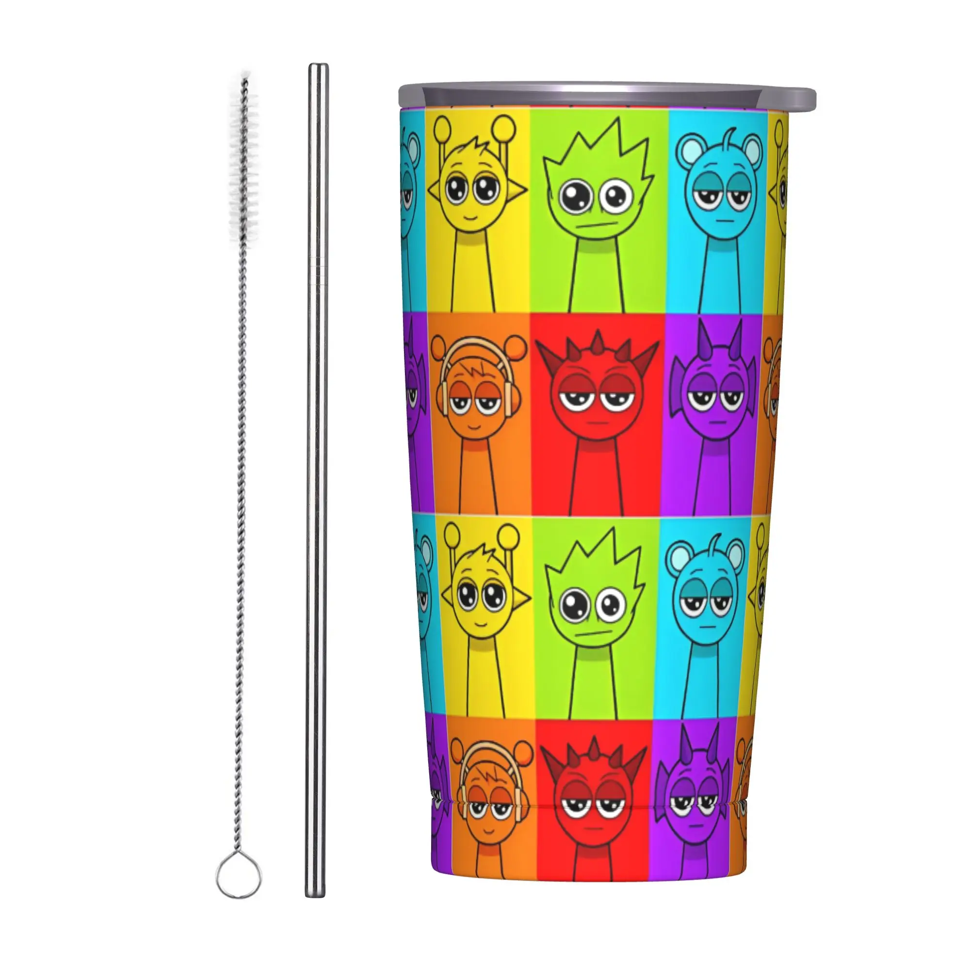 Sprunki Charaktere Spiel-Thermobecher mit Strohhalm-Deckel, Edelstahl Thermotasse für Büro und Zuhause, Heiß- und Kaltgetränkebecher, 20oz
