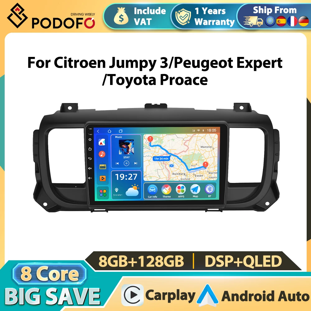 Autoradio Podofo 8+128G per Citroen Jumpy 3/Peugeot Expert/Toyota Proace 2016, sistema stereo per auto con schermo touchscreen Android, Carplay wireless, BT, FM, AM, RDS, radio stereo, navigazione