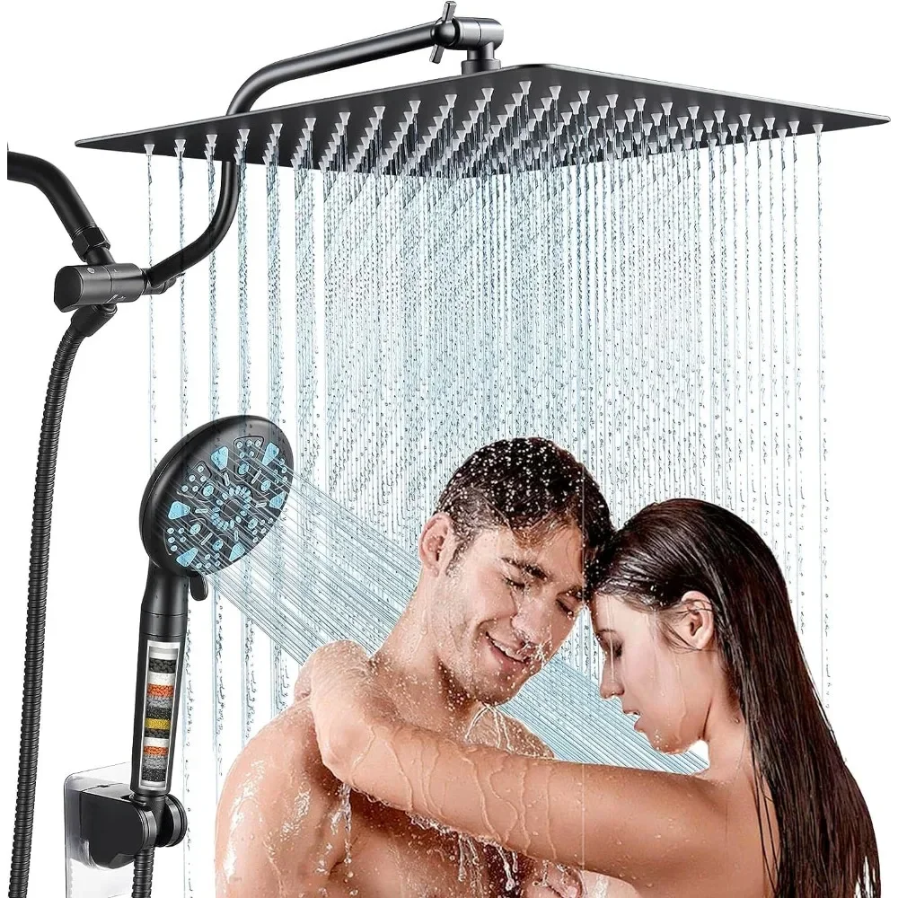 

12'' All-Metal 3-Way Rain Shower Combo: High Pressure, Dual Heads, Adjustable Arm, 9-Spray Filtered, Black