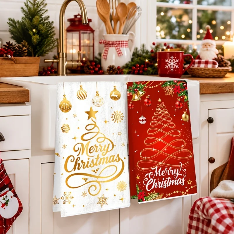 Pack of 2, Merry Christmas Kitchen Towel, Golden Christmas Tree Snowflake Dish Towel