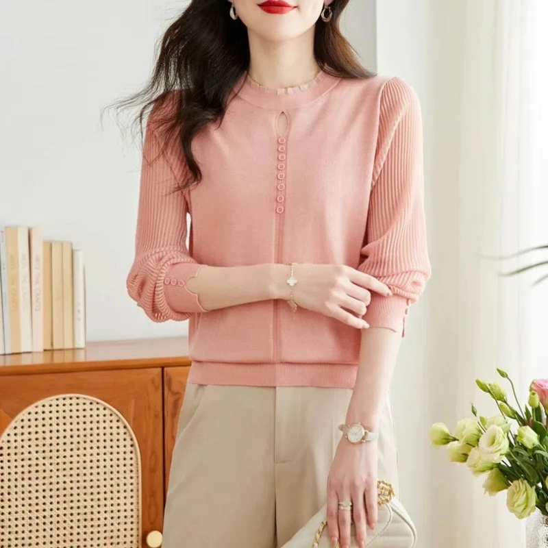 Women's Clothing Autumn Winter Solid Color Button Up Long Sleeve Screw Thread Sweater Knitted Elegant Trendy Minimalist Tops