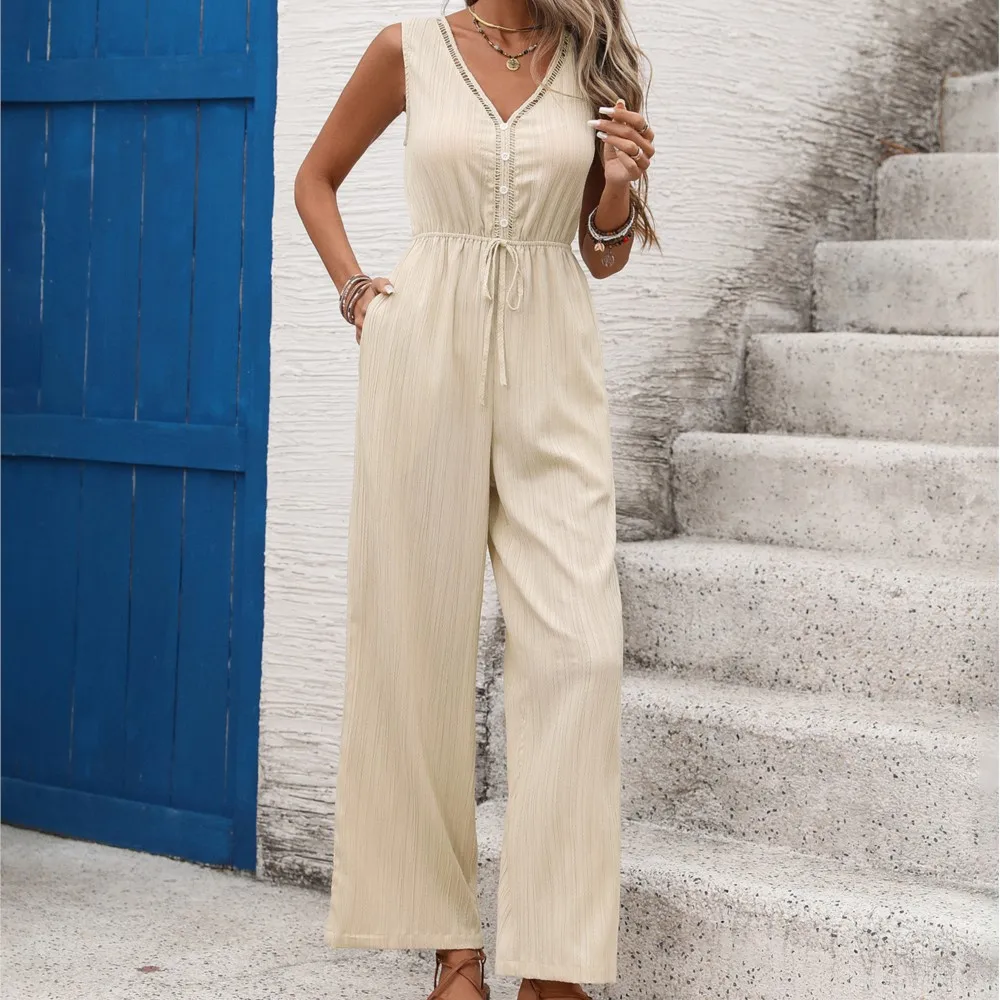 

Women's Sleeveless Jumpsuit V-Neck Button Down Wide Leg Pants Romper Textured Casual Summer Vacation Lace-up Waist Jumpsuit