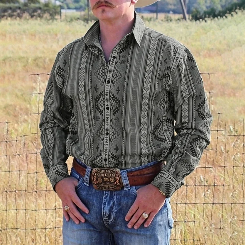 Men's Long Sleeve Western Retro Navajo Ethnic Print Shirt, Country Cowboy Collar Casual Blouse view 4
