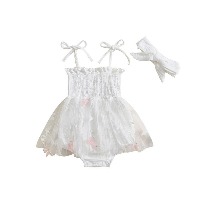 Newborn Girl Tie-up Sleeveless Pleated Butterfly Tulle Patchwork Romper Dress with Hairband Summer Clothes