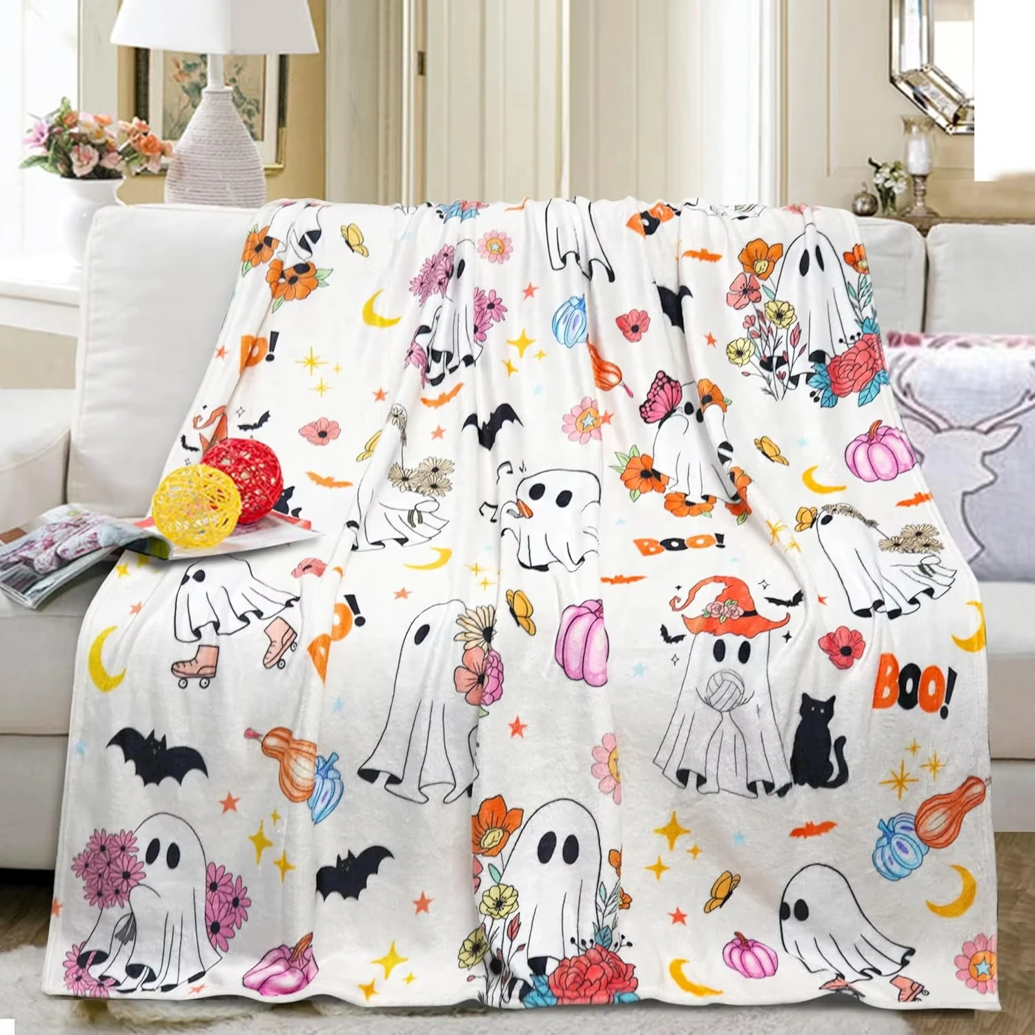 2026 New Style Halloween Flannel Throw Blanket Gray Cute Ghost Pumpkin Black Cat Bat Candy Corn Print Sofa Bed Blanket kids