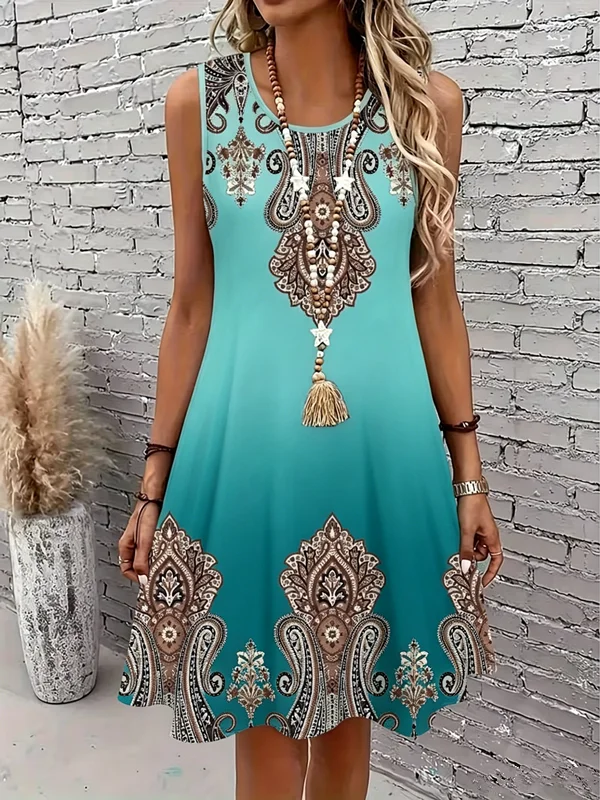 

Vintage Women Dress Sexy Sleeveless O-Neck Loose Casual A-Line Dress Beach Party Tank Sundress