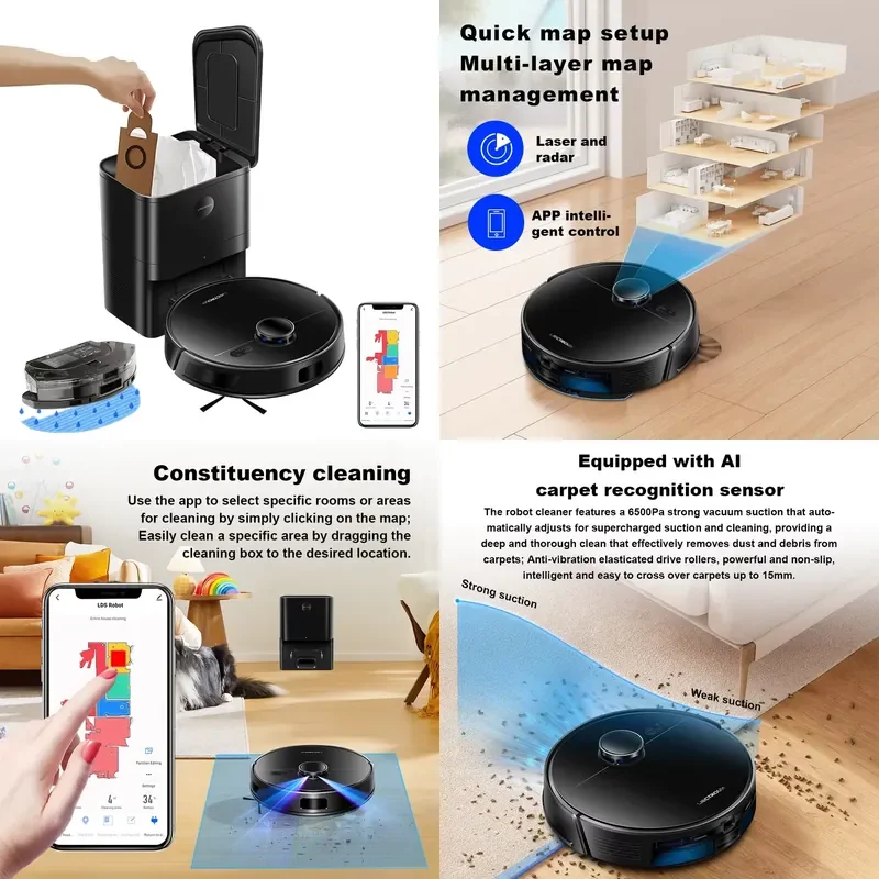 Liectroux M70Pro Lidar Vacuum Mop - Self-Emptying 6.5KPa Suction Multi-Floor Mapping Carpet Boost 3L Dustbag App
