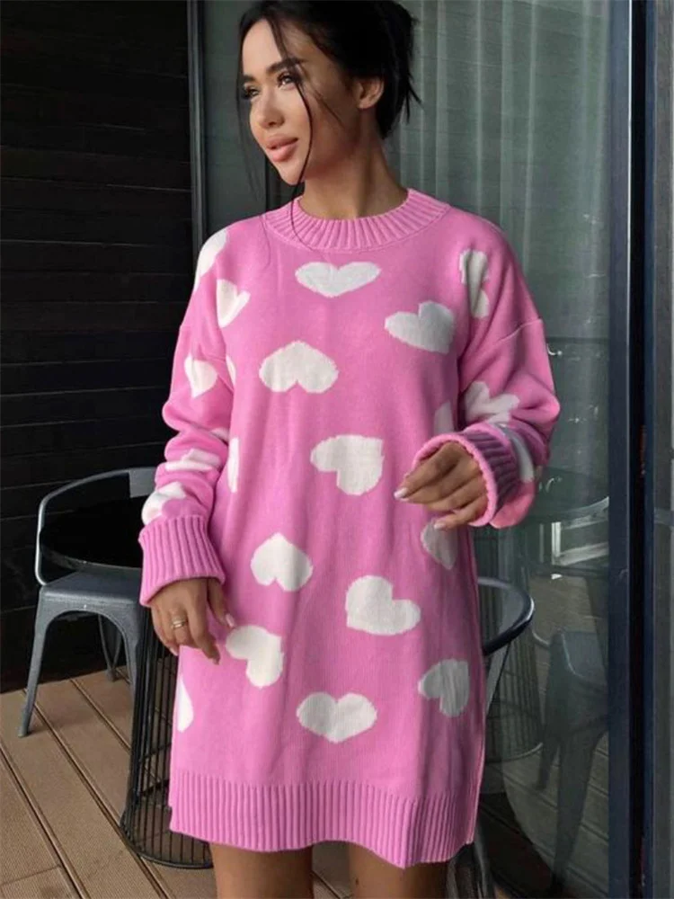 

Tossy Knit Printed Casual Mini Dress Female Contrast Loose Ribbed Long Sleeve Pullover Dress Streetwear For Women Knitwear Dress