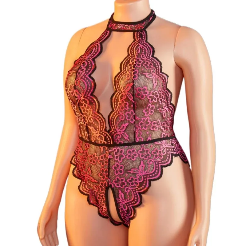 

Plus Size Sexy Crotchless Female See Through Rose Lace Lingerie Hollow Teddy BabyDoll Backless Deep V Underwear Erotic Costumes
