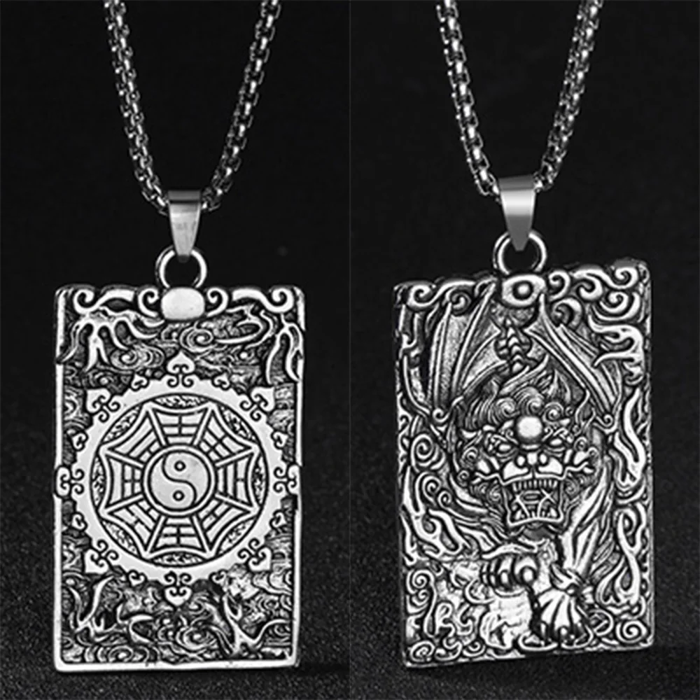 Retro Silver Eight Diagrams Dragon Pendant Necklace For Trendy Female Male Birthday Neck Jewelry Gift Double Side Carved Pattern