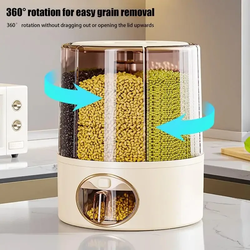 One-Click Output Rice Storage Dispenser 6-Grid RiceFood Grain Storage Container 6-Grid Rice Dispenser Kitchen Storage Bucket