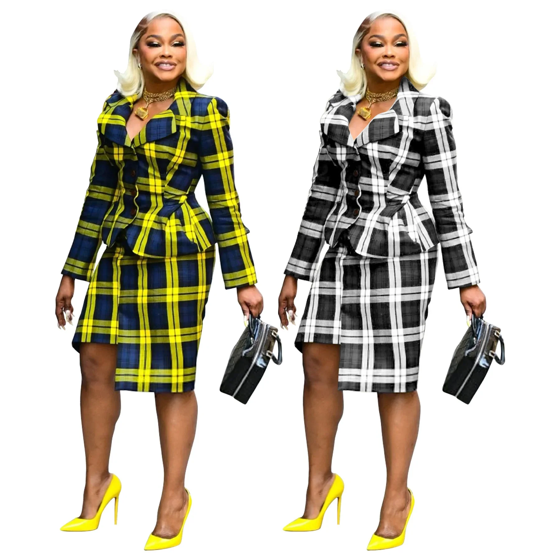 

Women Plaid Printed Long Sleeve Blazer and Midi Skirt Suit 2025 Autumn Vacation OL Work Sexy Two 2 Piece Set Outfits