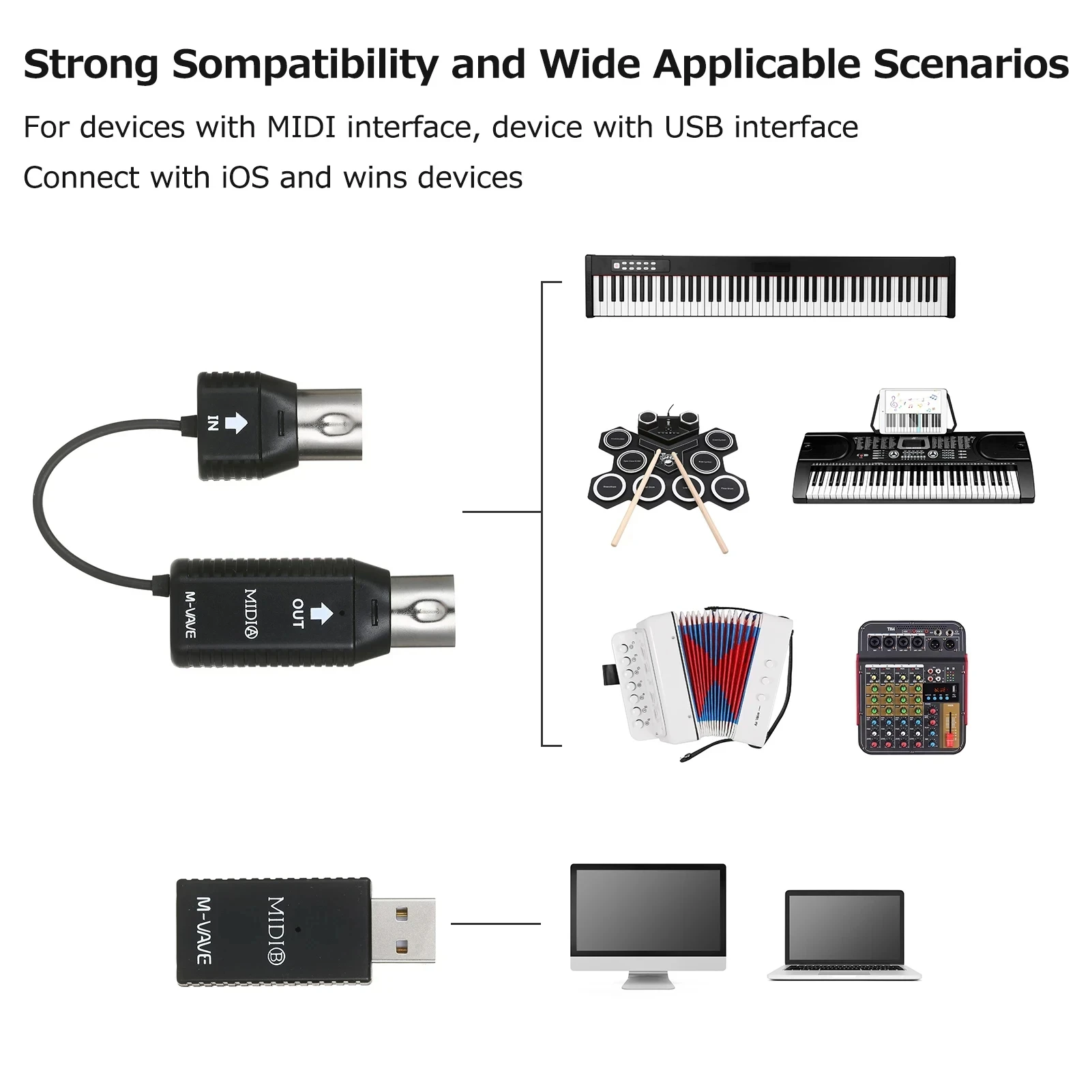 Мини-беспроводная система адаптера MIDI M-VAVE MS1 Plug & Play/для беспроводного MIDI-передатчика
