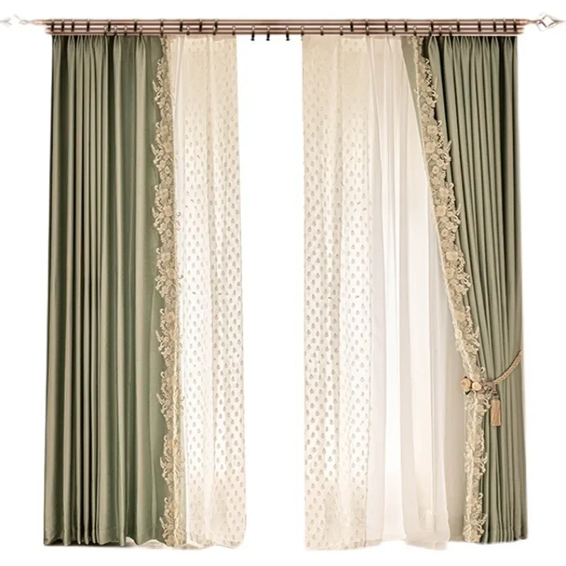 Custom Size Mint Green French Vintage Embroidered Curtains Glossy Lace Patchwork Luxury Blackout Drapes for Bedroom Living Room