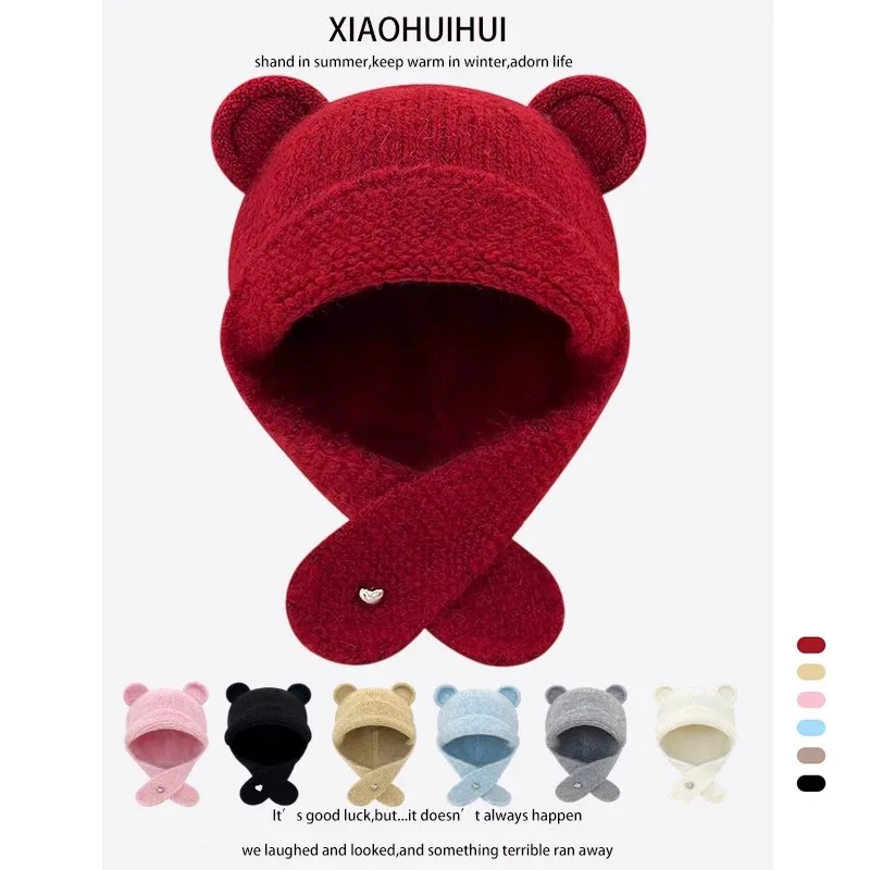

Cute Bear Ears Knitted Beanies Cap Y2K Autumn and Winter Travel Fashion Versatile Thermal Ear Protection Balaclava Hats Women