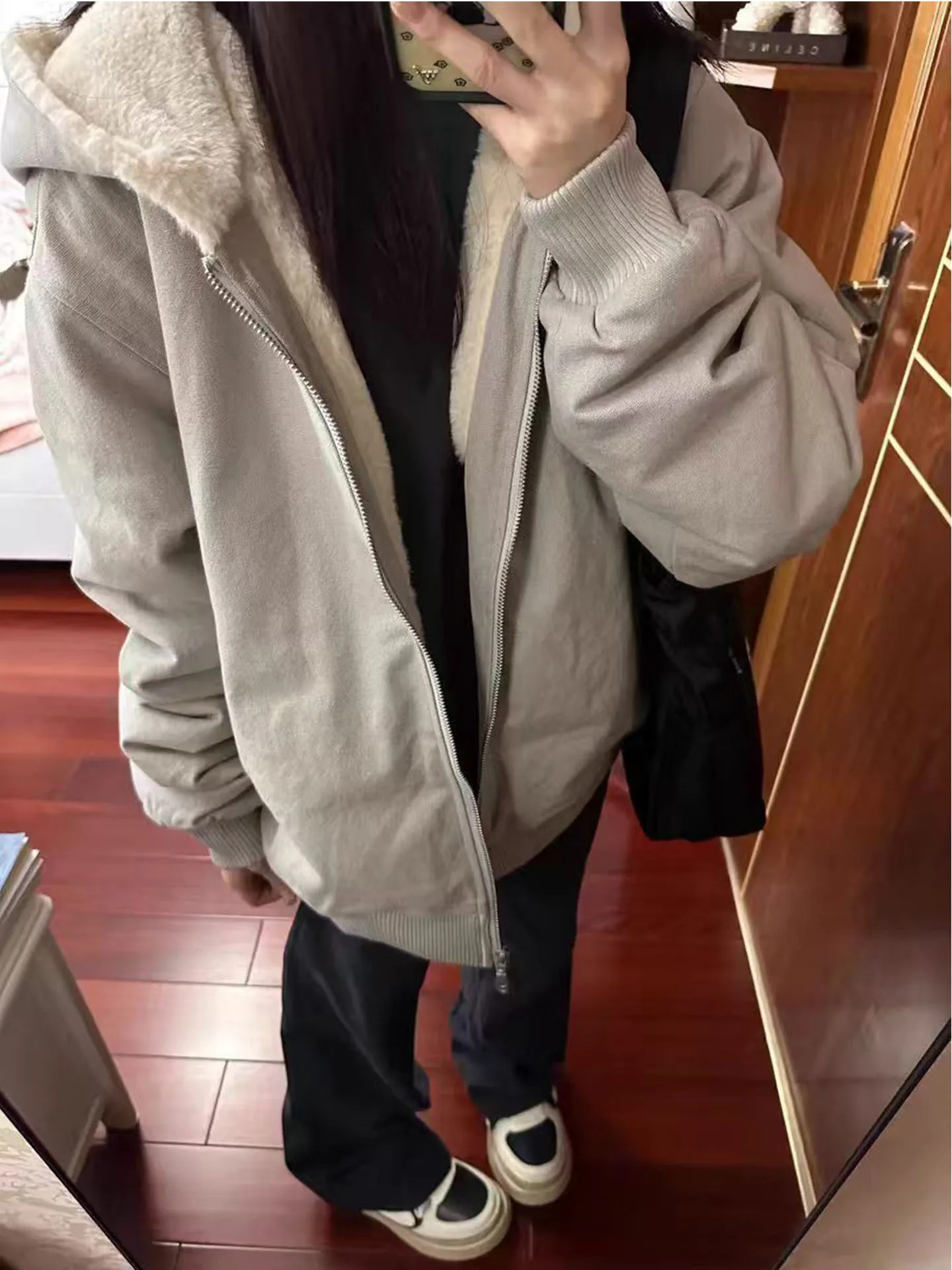 

Зимнее женское пальто из овечьей шерсти и хлопка, свободного кроя, с капюшоном, в стиле американского ретро, повседневная верхняя одежда